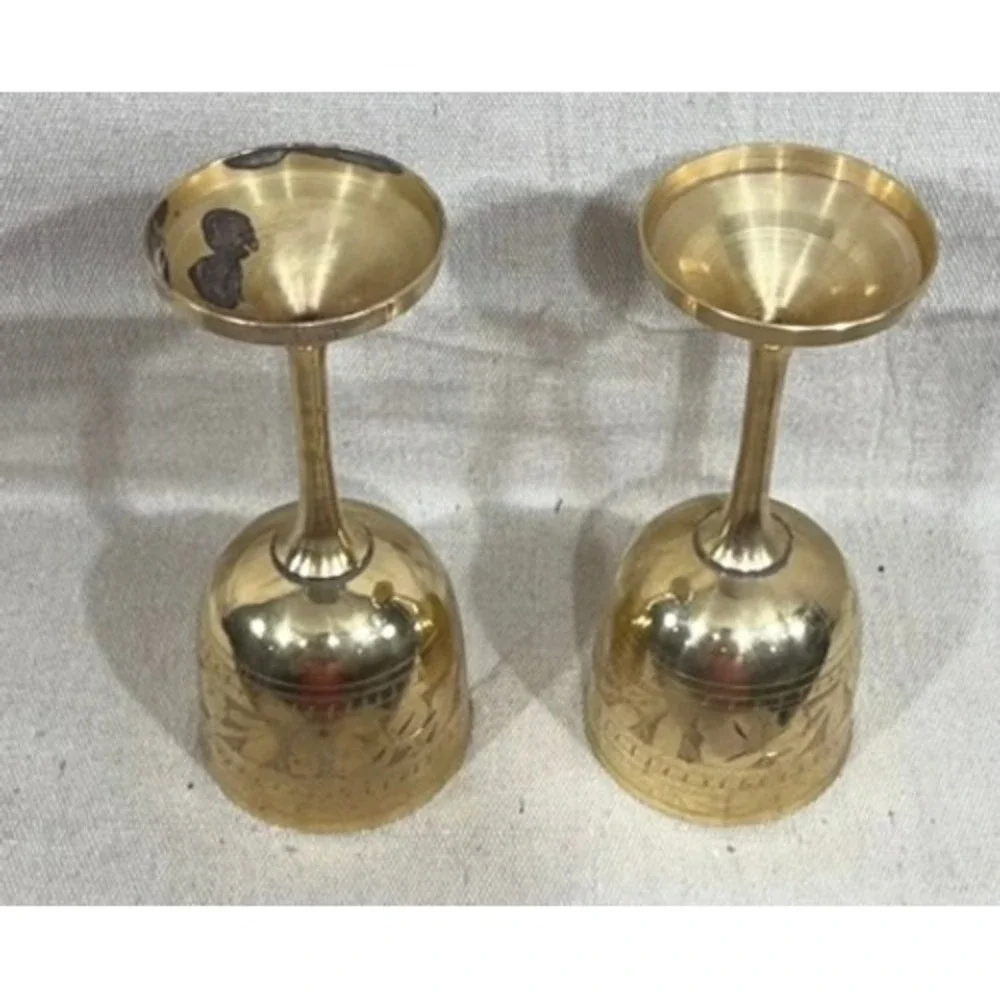Vintage Etched Brass Goblets Set of 2 Floral Chalice Wine Cups 6.5in
